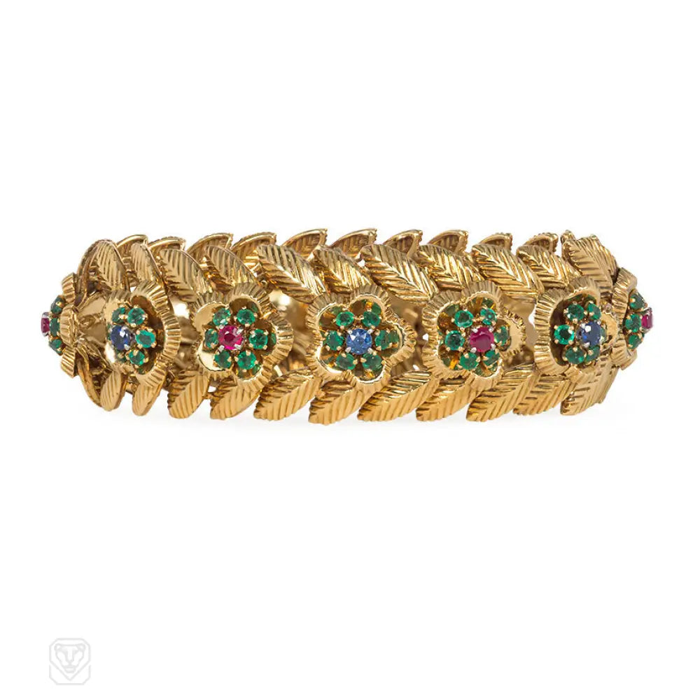 Women’s engraved bracelet-Retro French gold and multigem flower bracelet