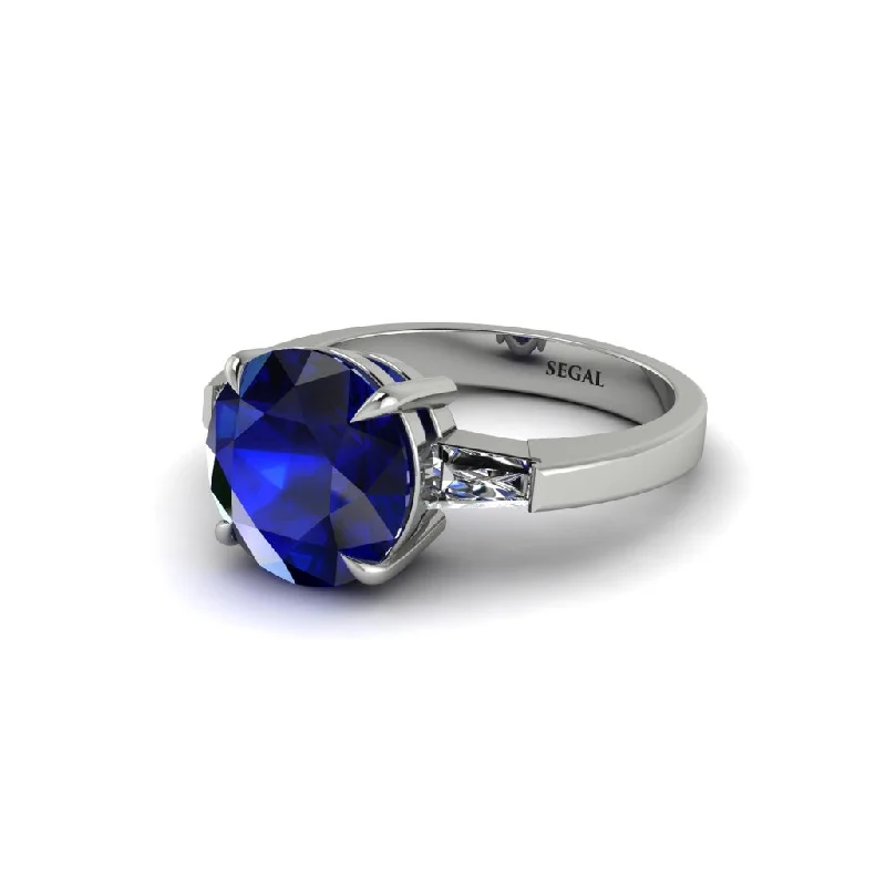 Women’s affordable wedding engagement ring-3 Stone Round Cut Sapphire With 2 Baguettes Engagement Ring - Gwendolyn No. 15