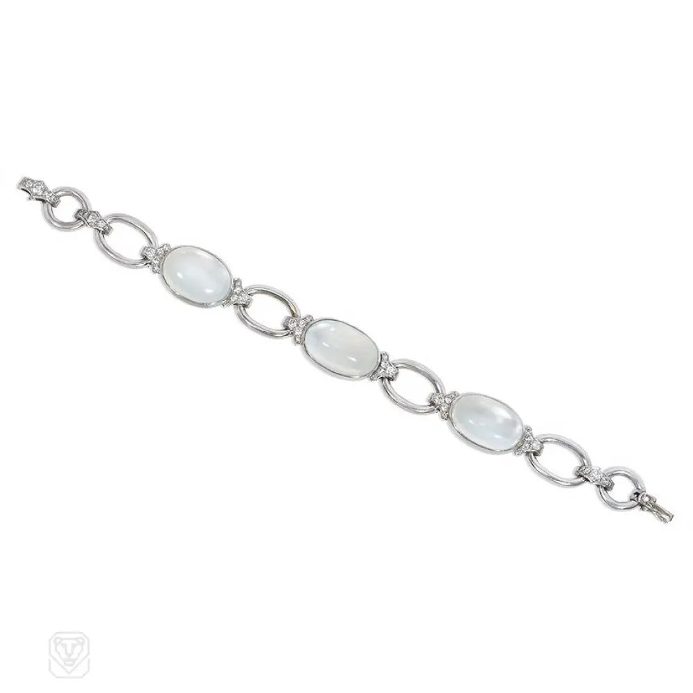 Women’s custom bangle-Portuguese Art Deco moonstone and diamond bracelet