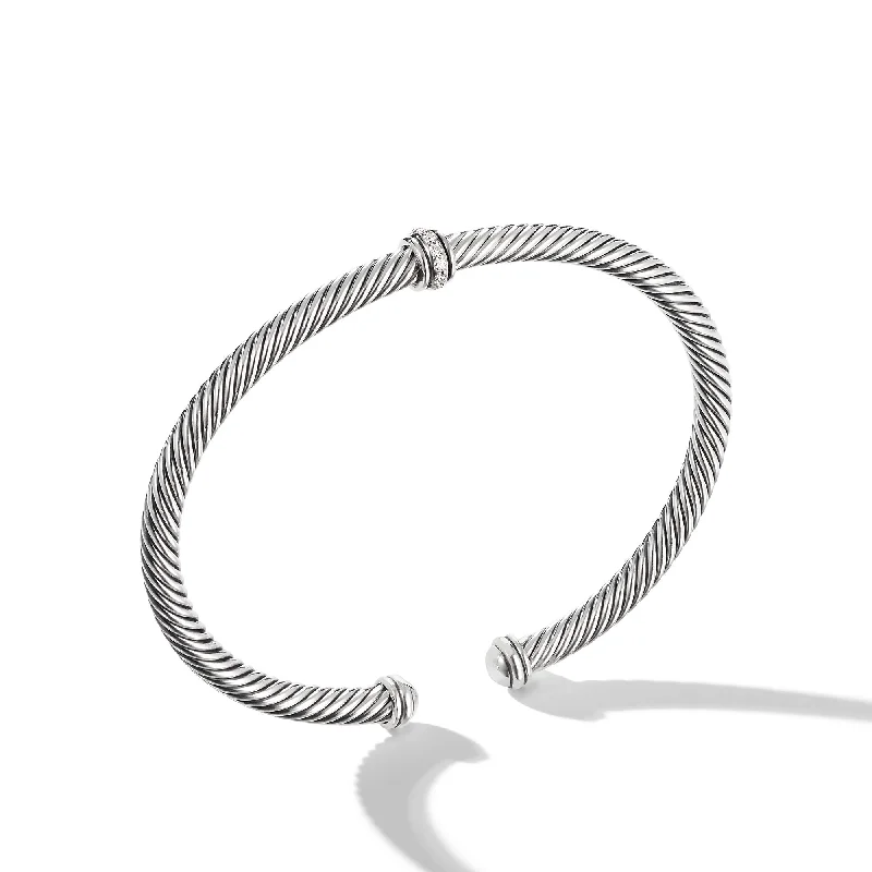 Women’s stackable bracelets-Classic Cable Station Bracelet in Sterling Silver with Diamonds, 4mm