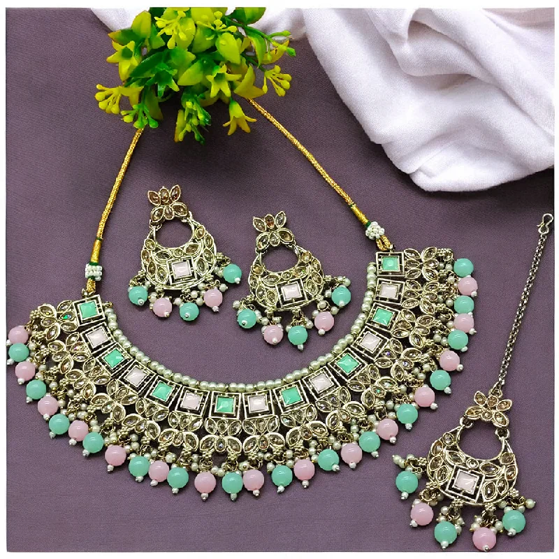 Women’s matching necklaces-Gehana Mahal Gold Plated Crystal Stone Pearl And Beads Necklace Set