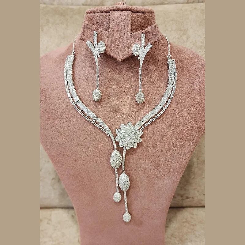 Women’s trendy layered necklaces-Fs Collection Silver Plated AD Necklace Set