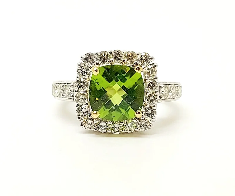 Women’s sapphire rings-Cushion-Cut Peridot Diamond Halo Cocktail Ring in 14k White Gold