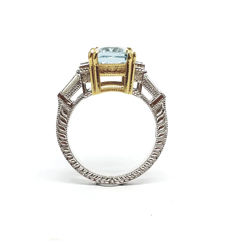 Women’s flower-shaped rings-Hand-Engraved Aquamarine and  Diamond  Ring