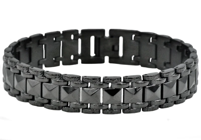 Women’s floral bracelet-Mens Black Plated Stainless Steel Pyramid Link Bracelet