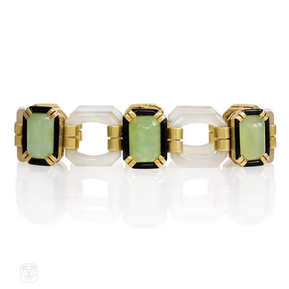 Women’s modern bracelet-Art Deco chalcedony, chrysoprase, and enamel bracelet