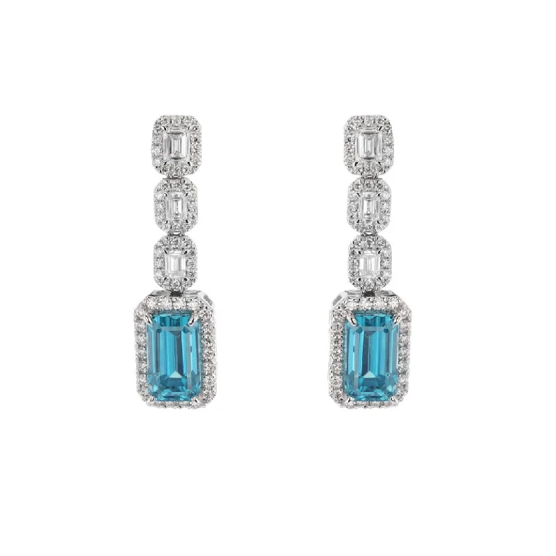 Women’s gold-plated earrings-Blue Zircon & Diamond Halo Drop Earrings