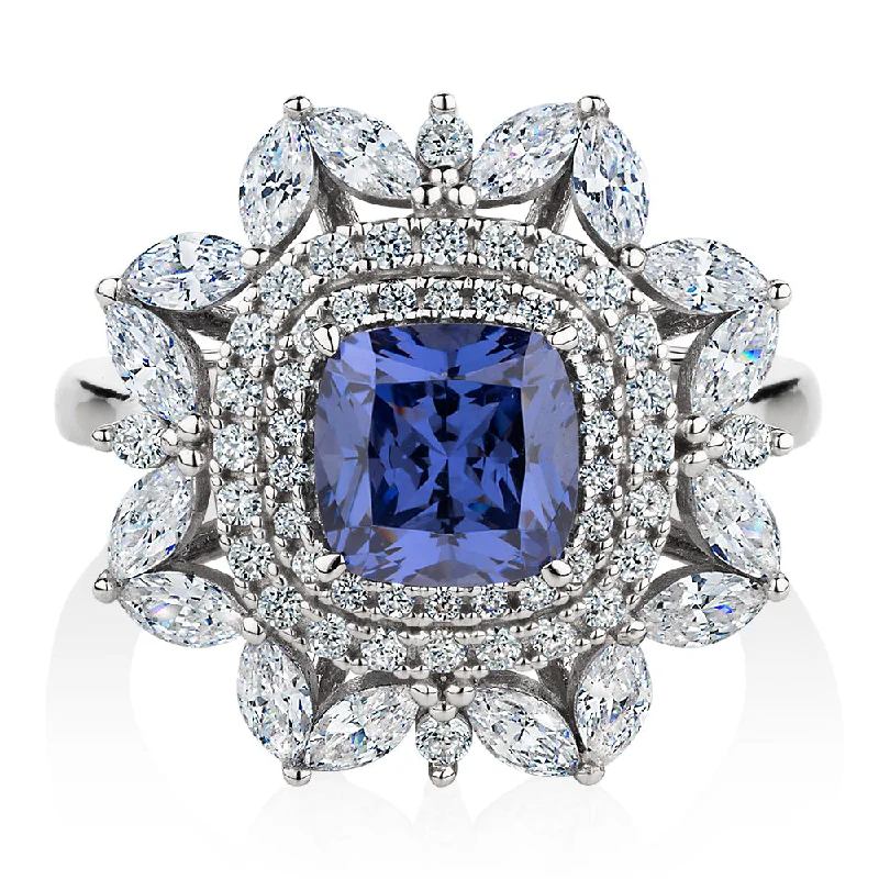 Women’s luxury gold rings-Dress ring with tanzanite simulant and 2.01 carats* of diamond simulants in sterling silver