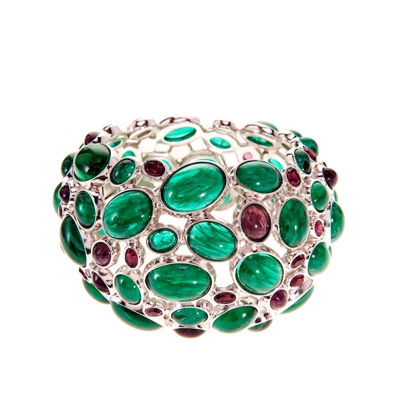 Women’s textured bracelet-Emerald glass and rhodium-plated bronze bracelet, Amphitrite Collection