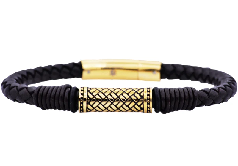 Women’s chic gold bracelet-Mens Black Leather Gold Stainless Steel Bracelet