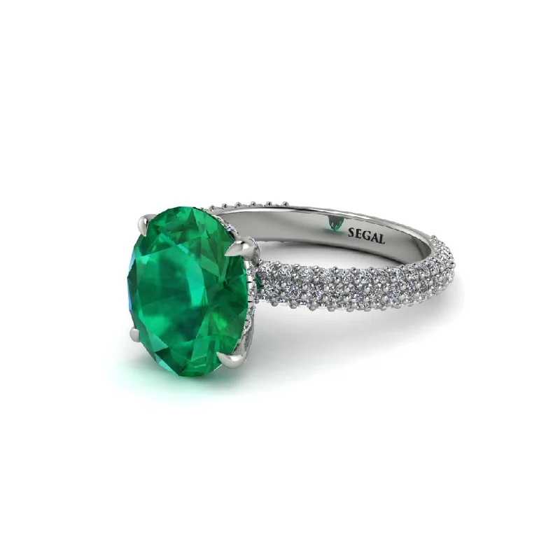 Women’s classic engagement ring-Oval Cut Emerald Classic Pave Engagement Ring - Irene No. 6