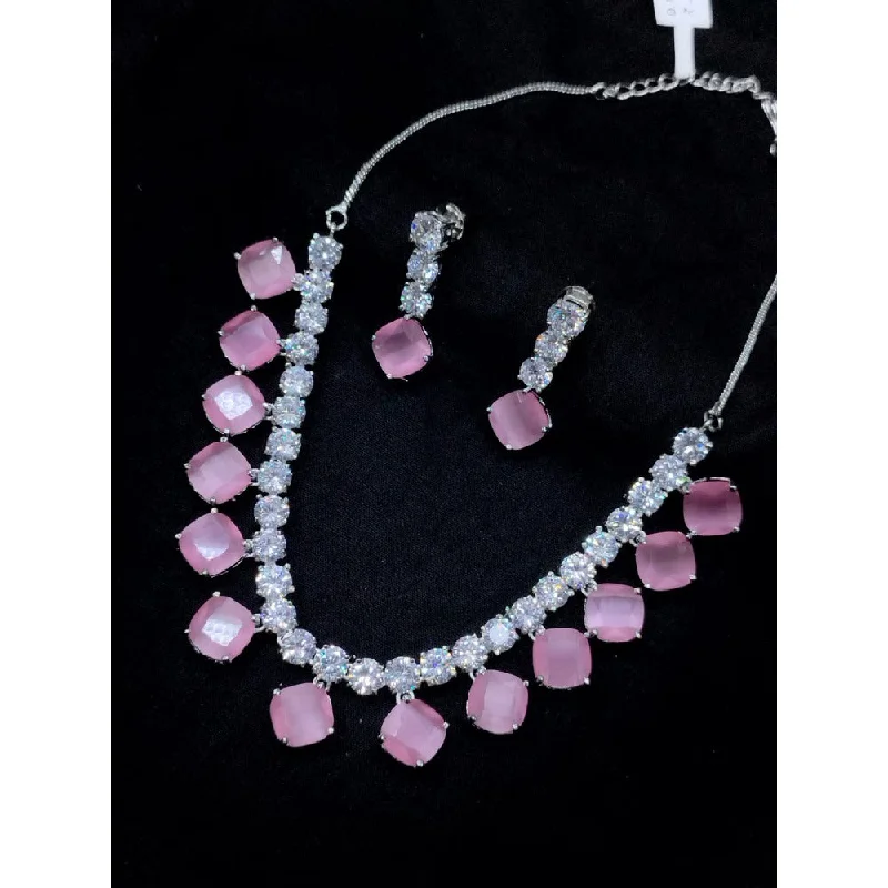 Women’s birthstone necklaces-Akruti Collection Silver Plated American Diamond Necklace Set