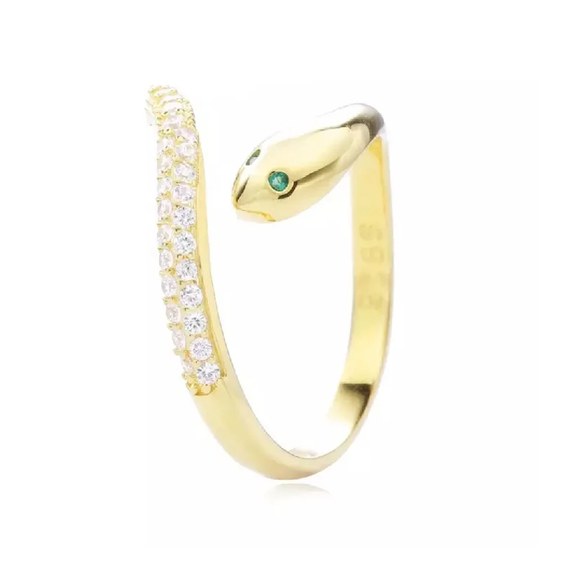 Women’s rainbow rings-Yellow Gold Plated Cz Snake Wrap Ring With Green Eyes