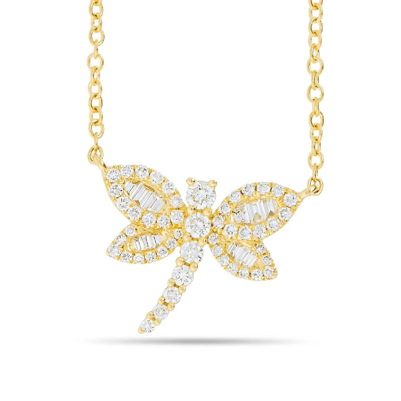 Women’s vintage gold necklaces-18K Gold 0.37ct Dragonfly Baguette Diamond Necklace