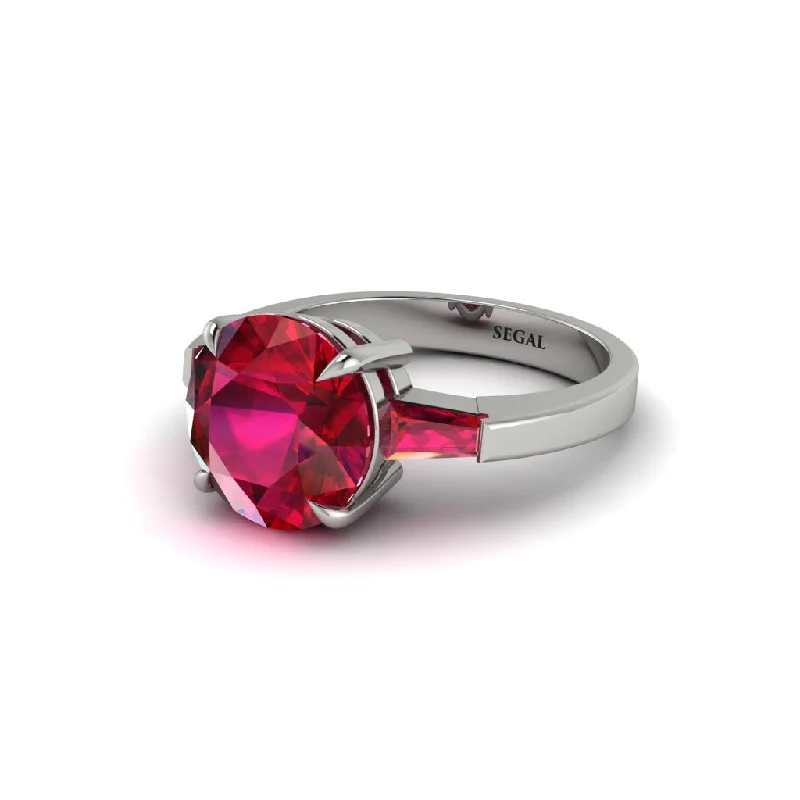 Women’s wedding ring set with diamonds-3 Stone Round Cut Ruby With 2 Baguettes Engagement Ring - Gwendolyn No. 57