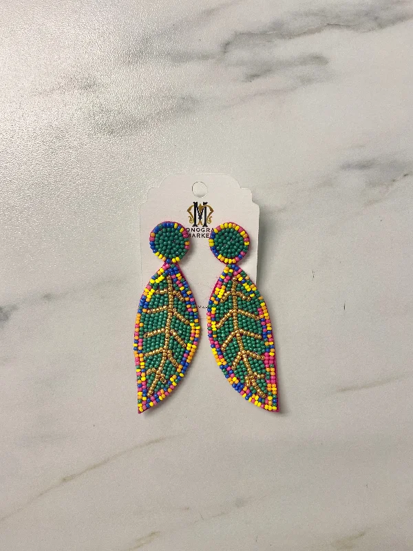 Women’s colored earrings-Beaded Earrings, Rainbow and Green Leaves