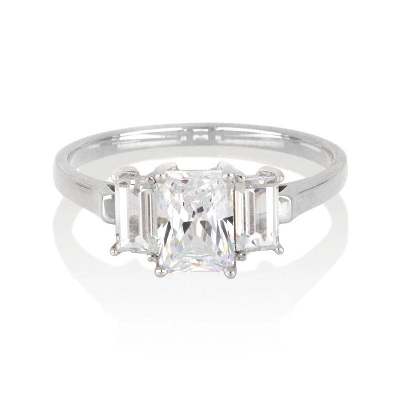 Women’s flower-shaped rings-Radiant and Emerald Cut 3 stone Ring in White Gold Setting