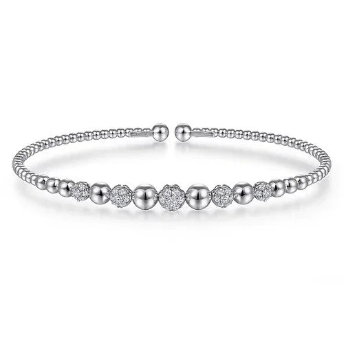 Women’s charm bracelet-14K White Gold Bujukan Bead Cuff Bracelet with Pave Diamond Stations