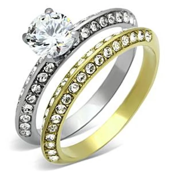 Women’s custom engagement ring-6x6mm Brilliant cut CZ Two Tone Gold Stainless Steel Engagement Ring Set