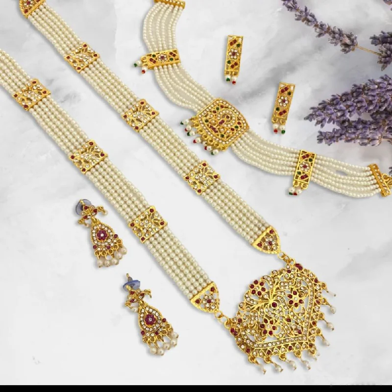 Women’s wedding necklaces-Trilok Jewel Gold Plated Austrian Stone And Pearl Long Necklace Set