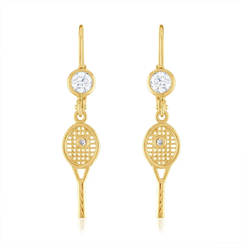 Women’s gemstone earrings-Petite Racquet with bezel CZ Leverback Earrings