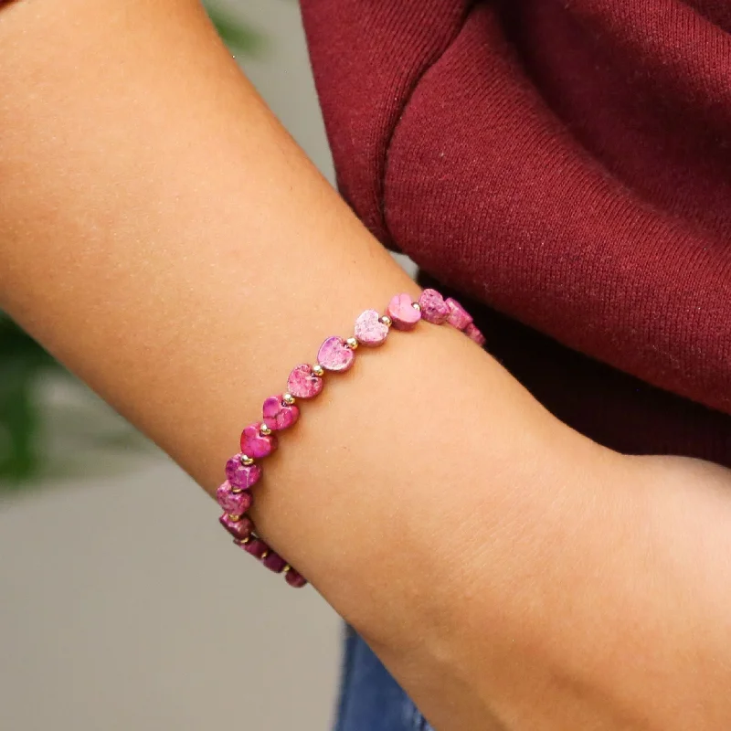 Women’s engraved cuff bracelet-Stoned Heart Fuchsia - Stone Heart Accent Bracelet