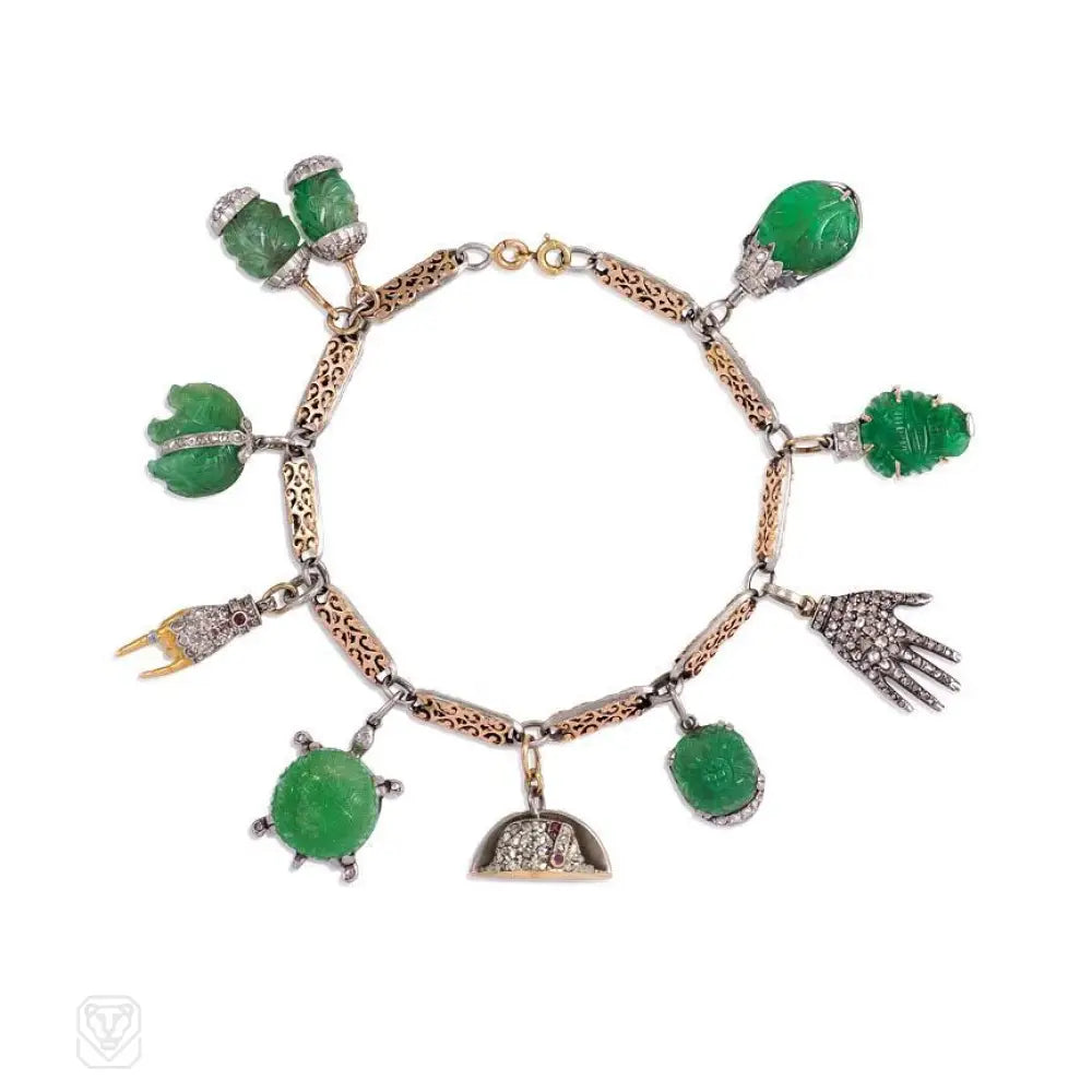 Women’s chic charm bracelet-French Art Deco emerald charm bracelet