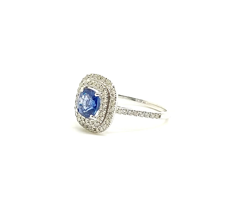 Women’s engagement rings-Classic Halo Diamond Ring with Cushion Sapphire in 14k White Gold