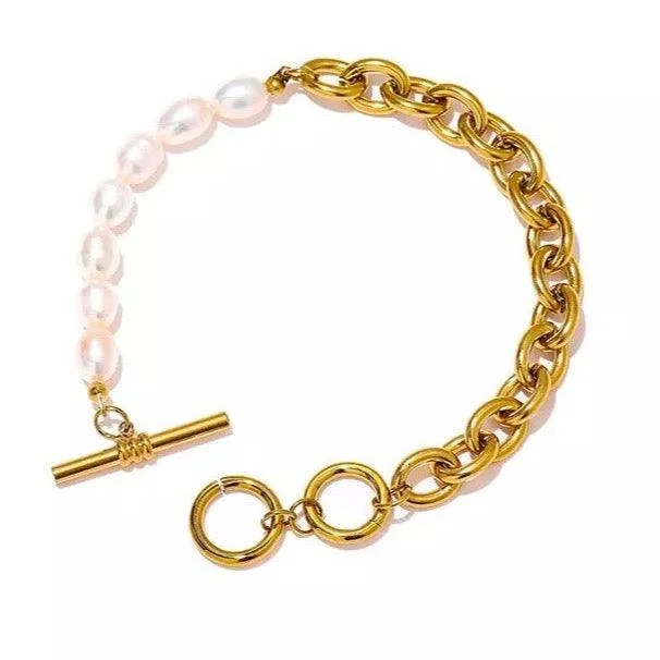 Women’s bangle bracelet-Pearl Bracelet with Link Chain and Toggle Clasp