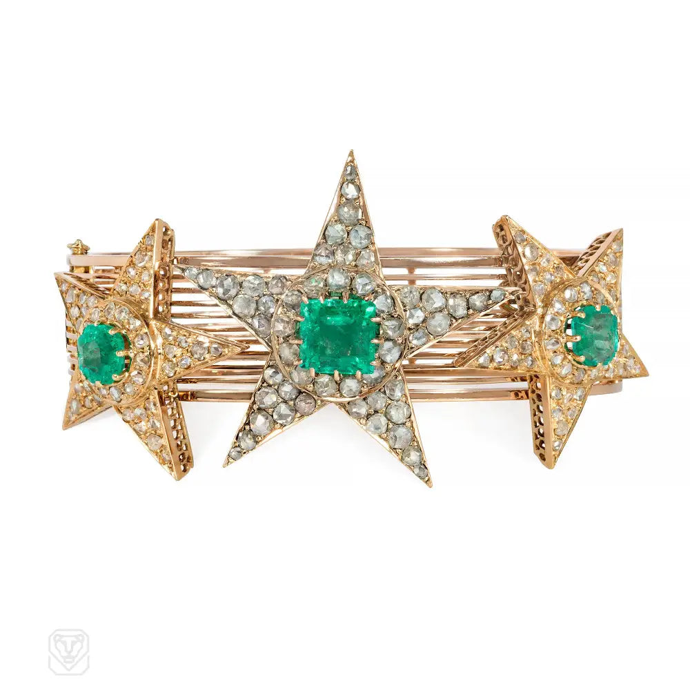 Women’s birthstone bangles-Victorian emerald, diamond, and gold star bracelet