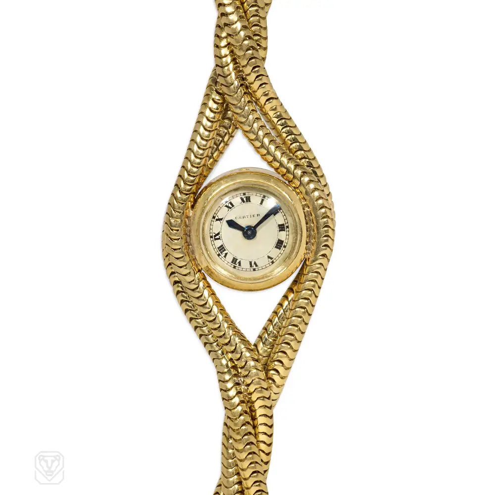 Women’s crystal bracelet-Retro gold twisted snakechain bracelet watch, Cartier, Paris