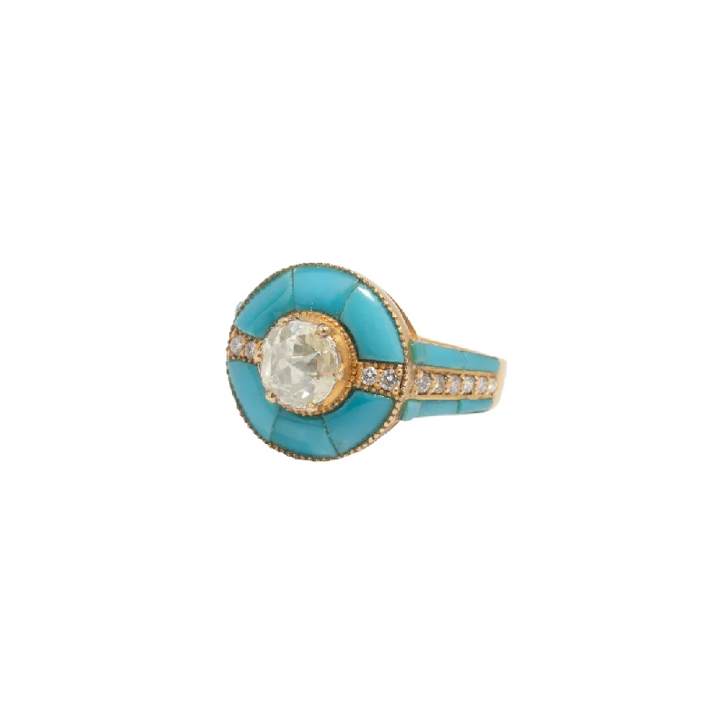 Women’s adjustable rings-Rose Cut Diamonds Edged in Turquoise Ring