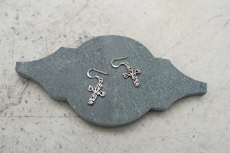 Women’s silver drop earrings-Vintage Cross Earrings