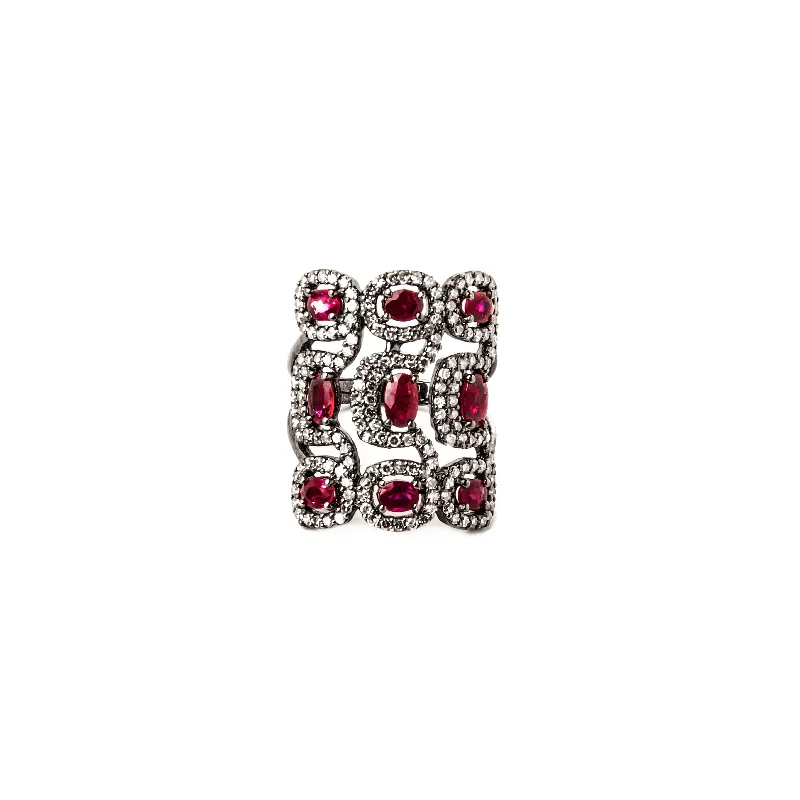 Women’s matching rings-Nine Ruby & Diamond Square Ring