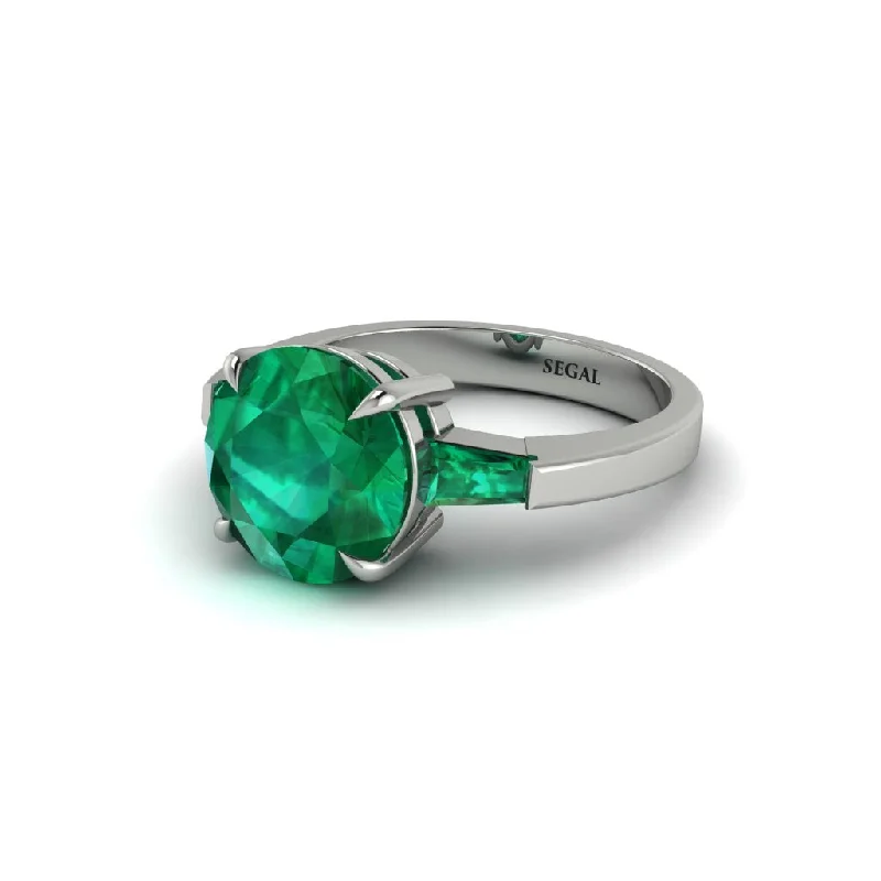 Women’s signature diamond ring-3 Stone Round Cut Emerald With 2 Baguettes Engagement Ring - Gwendolyn No. 21