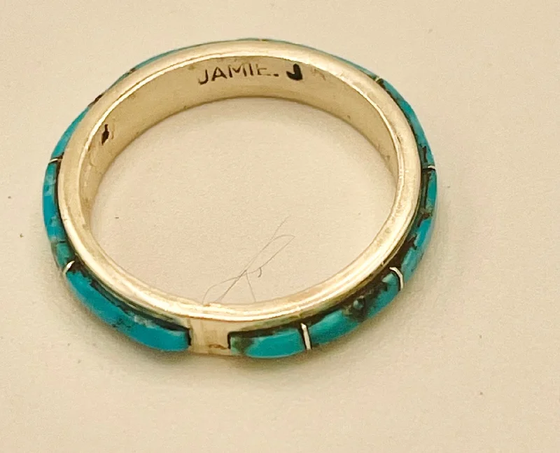 Women’s wedding band sets-Ring- Turquoise Inlayed Sterling Band size 9