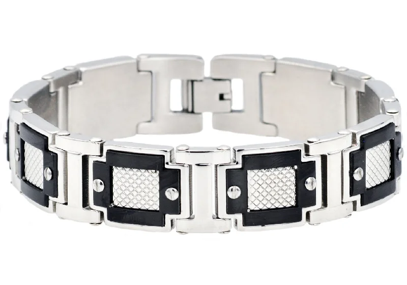 Women’s chunky cuff bracelet-Men's Black & Silver Stainless Steel Diamond Cut Link Bracelet With Screw Accents