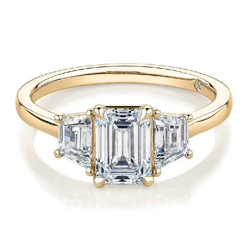 Women’s two-tone rings-Signature Simulant Diamond 1.87 carat* TW emerald cut three stone ring in 14 carat yellow gold