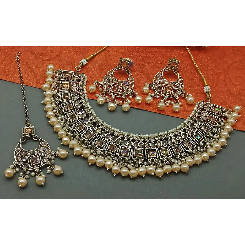 Women’s bridal necklaces-Gehana Mahal Gold Plated Crystal Stone Pearl And Beads Necklace Set