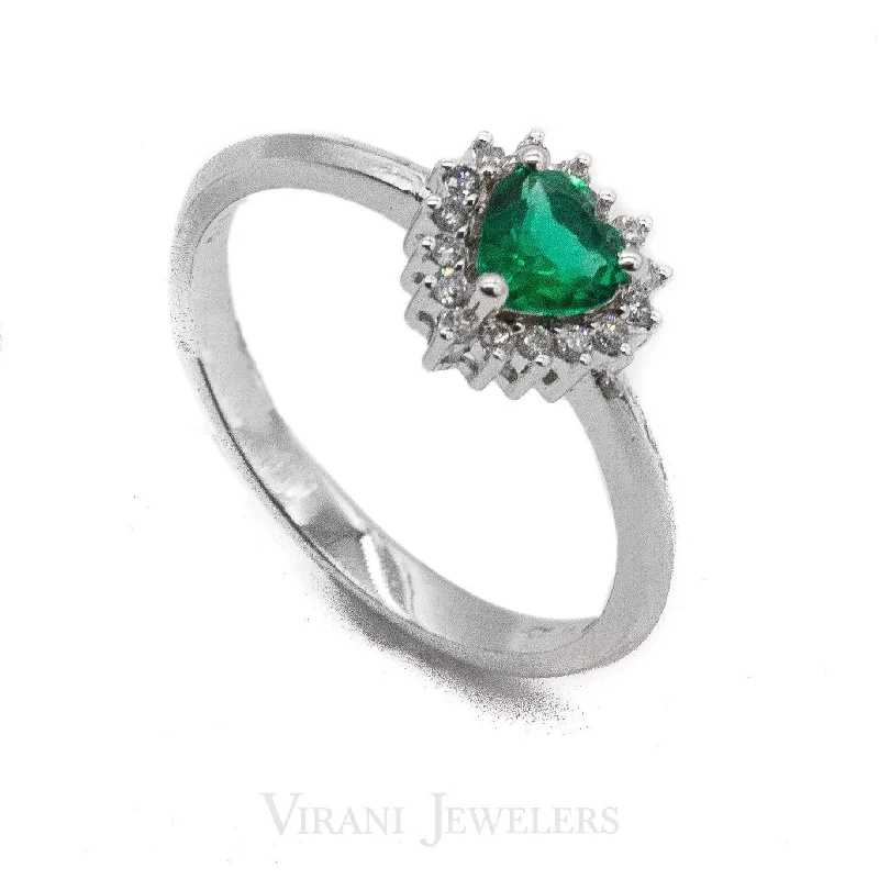 Women’s chunky rings-Heart Shaped Emerald Ring in 14k White Gold W/ 0.11CT Diamonds