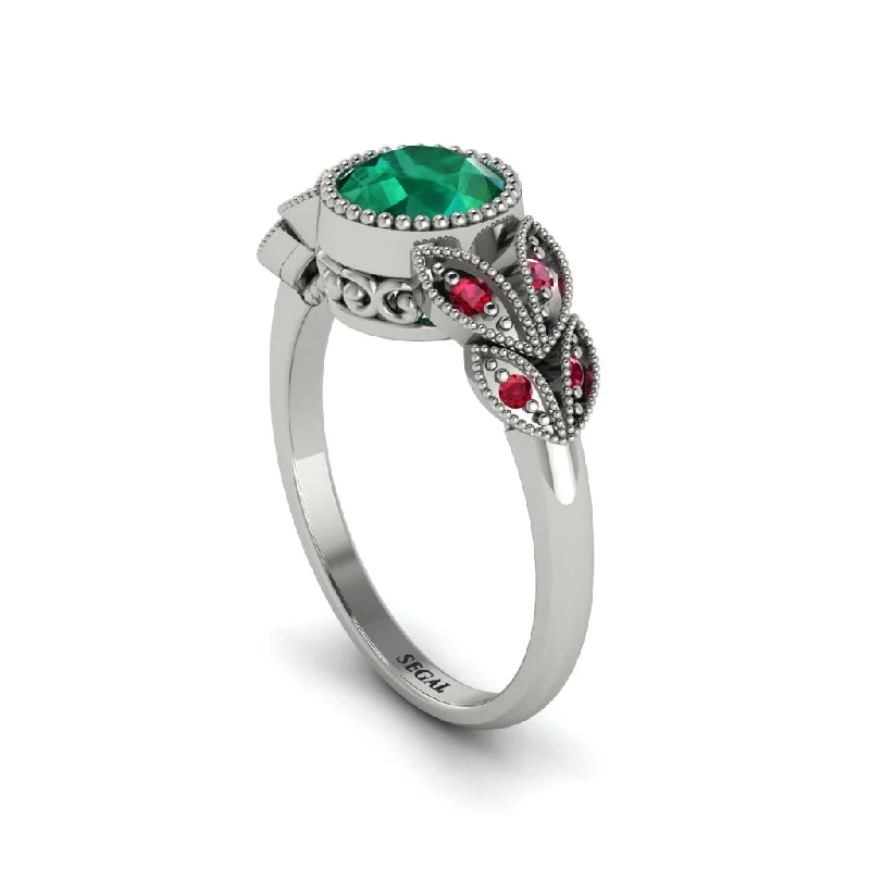 Women’s mixed gemstone engagement ring-Art Deco Emerald Leaves Engagement Rings - Thalia No. 51