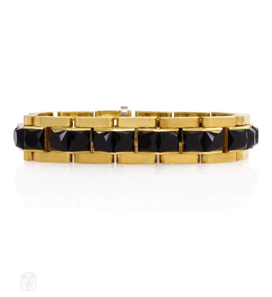 Women’s custom charm bracelet-1950s gold and onyx bracelet