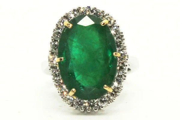 Women’s diamond rings-Large Emerald And Diamond Cluster Ring In 14k Yellow & White Gold