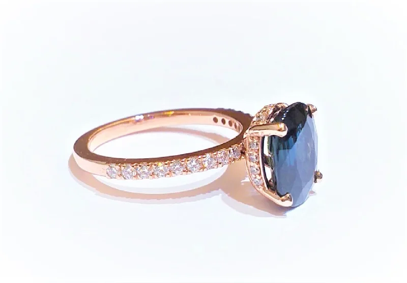 Women’s adjustable gemstone rings-Blue sapphire and Diamond Statement Ring in 14k Rose Gold