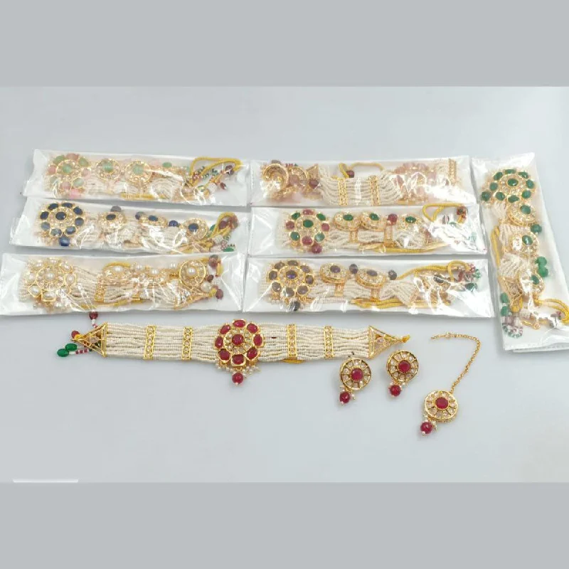 Women’s delicate necklaces-Rani Sati Jewels Gold Plated Crystal Stone Pota And Pearls Choker Necklace Set