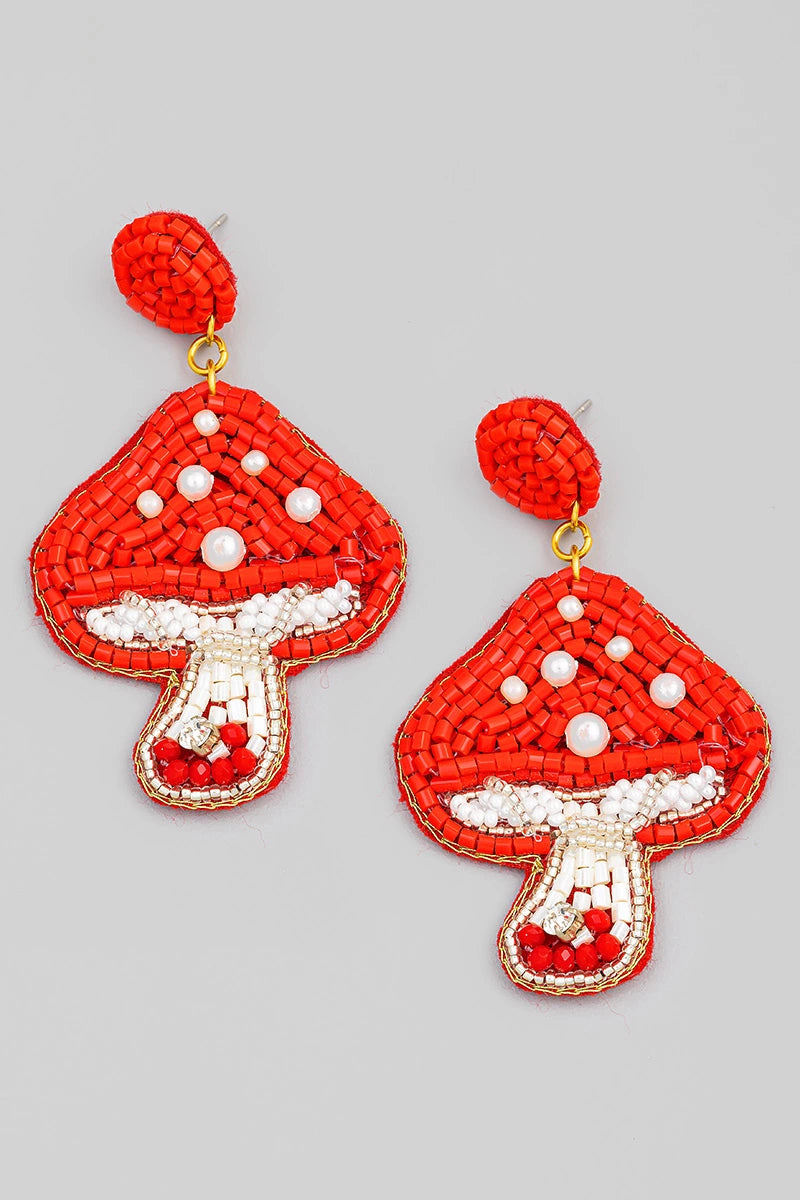 Women’s gold earrings-Beaded Earrings, Red Mushroom