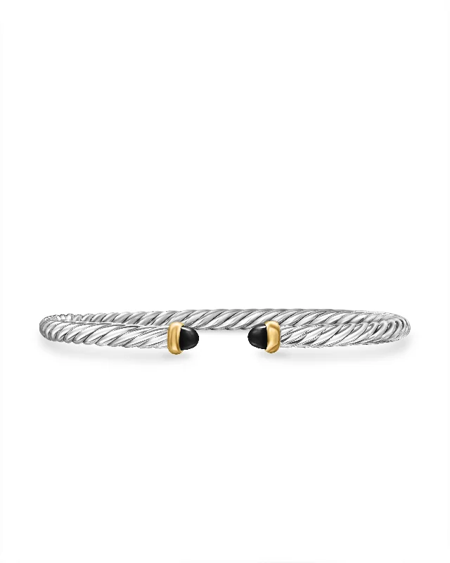 Women’s floral bracelet-Modern Cable Bracelet in Sterling Silver with 14K Yellow Gold and Black Onyx\, 4mm