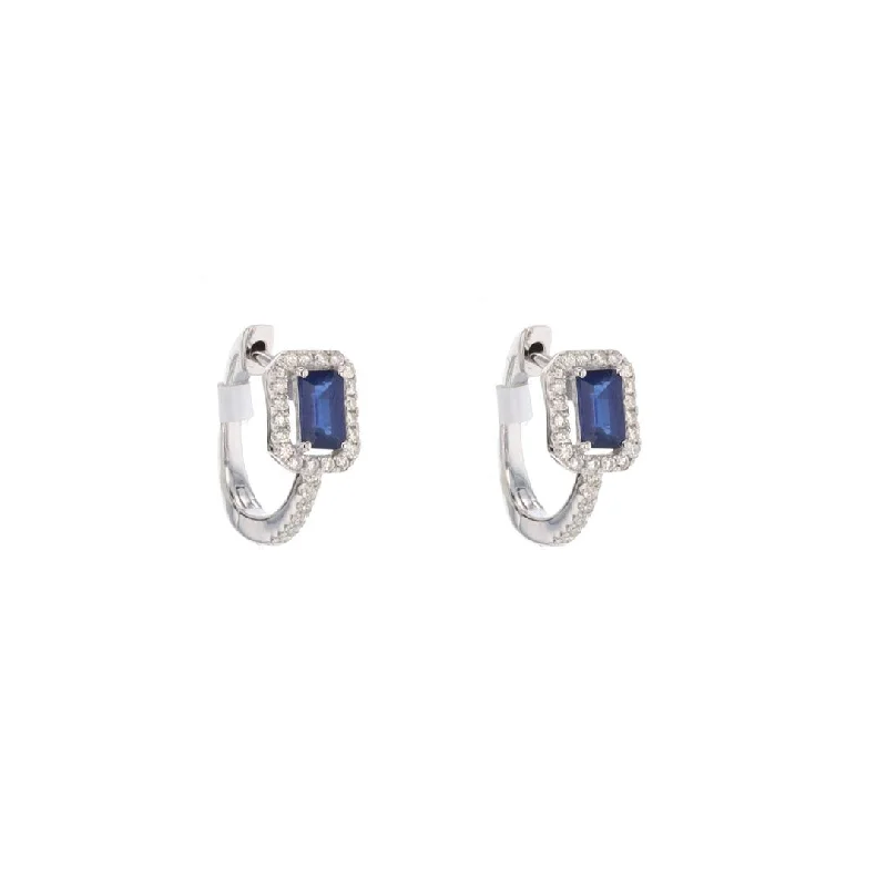 Women’s diamond drop earrings-Blue Sapphire & Diamond Halo Huggie Earrings