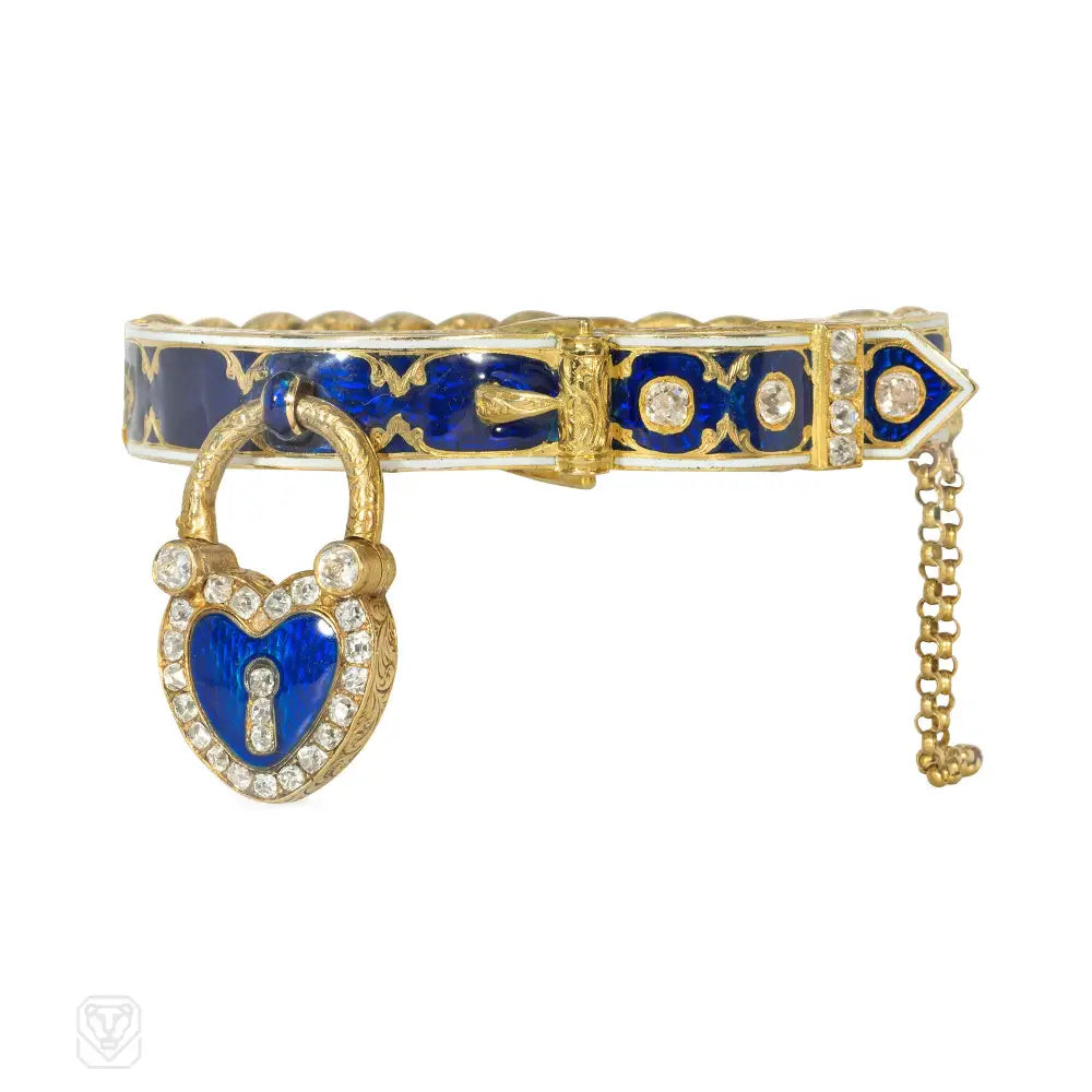 Women’s chic charm bracelet-Antique French gold, diamond, and enamel padlock bracelet