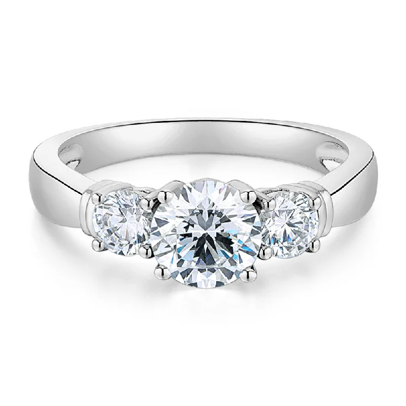 Women’s thick band engagement rings-Three stone ring with 1.53 carats* of diamond simulants in 14 carat white gold